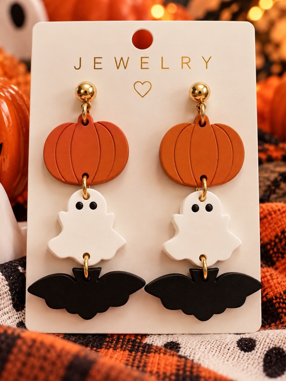 Halloween Pumpkin Ghost Bat Drop Dangle Earrings - Orange, White, Black New